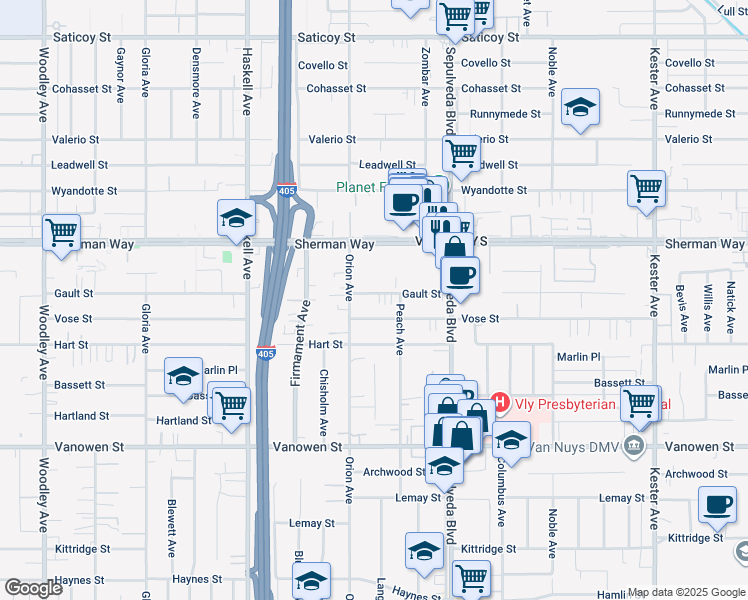 map of restaurants, bars, coffee shops, grocery stores, and more near 15432 Gault Street in Los Angeles