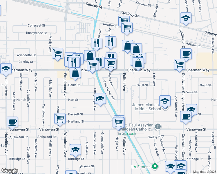 map of restaurants, bars, coffee shops, grocery stores, and more near 7055 Park Manor Avenue in Los Angeles