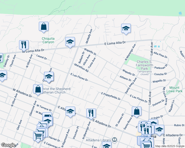 map of restaurants, bars, coffee shops, grocery stores, and more near Marathon Road in Altadena