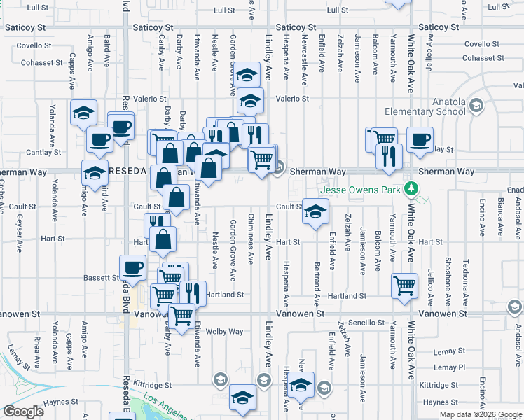 map of restaurants, bars, coffee shops, grocery stores, and more near 7032 Lindley Avenue in Los Angeles
