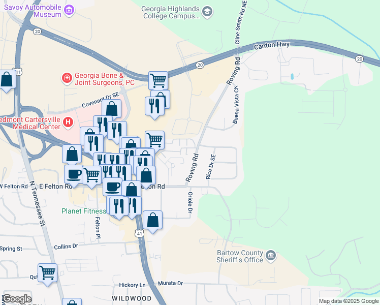 map of restaurants, bars, coffee shops, grocery stores, and more near 16 Roving Road in Cartersville