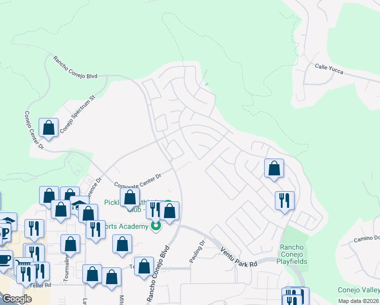 map of restaurants, bars, coffee shops, grocery stores, and more near 1404 Sapphire Dragon Street in Thousand Oaks
