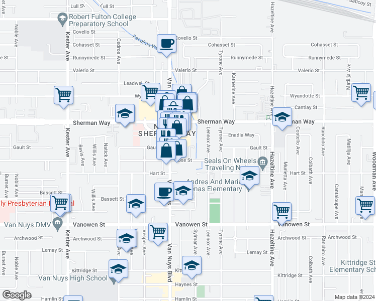 map of restaurants, bars, coffee shops, grocery stores, and more near 14415 Vose Street in Los Angeles