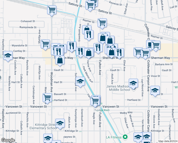 map of restaurants, bars, coffee shops, grocery stores, and more near 7065 Varna Avenue in Los Angeles