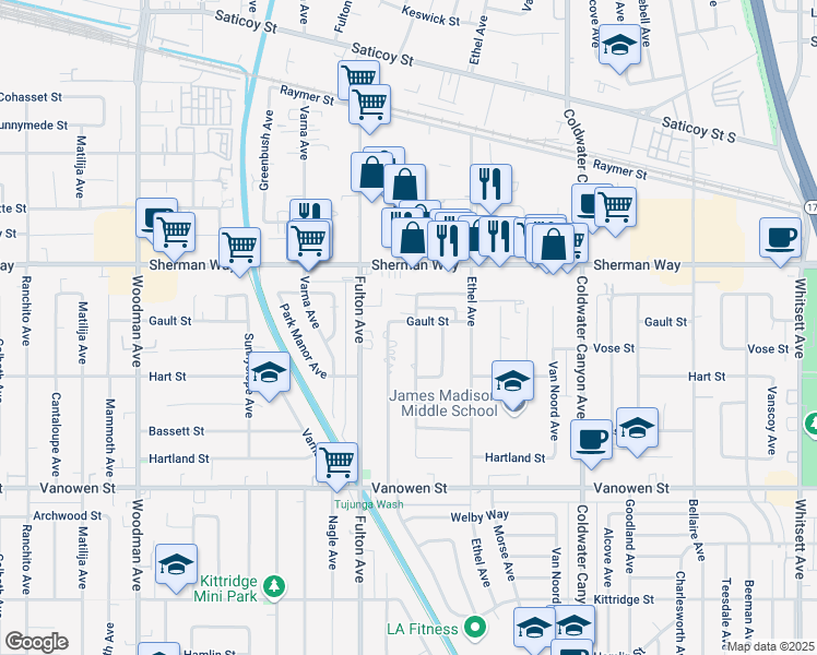 map of restaurants, bars, coffee shops, grocery stores, and more near 7059 Ethel Avenue in Los Angeles