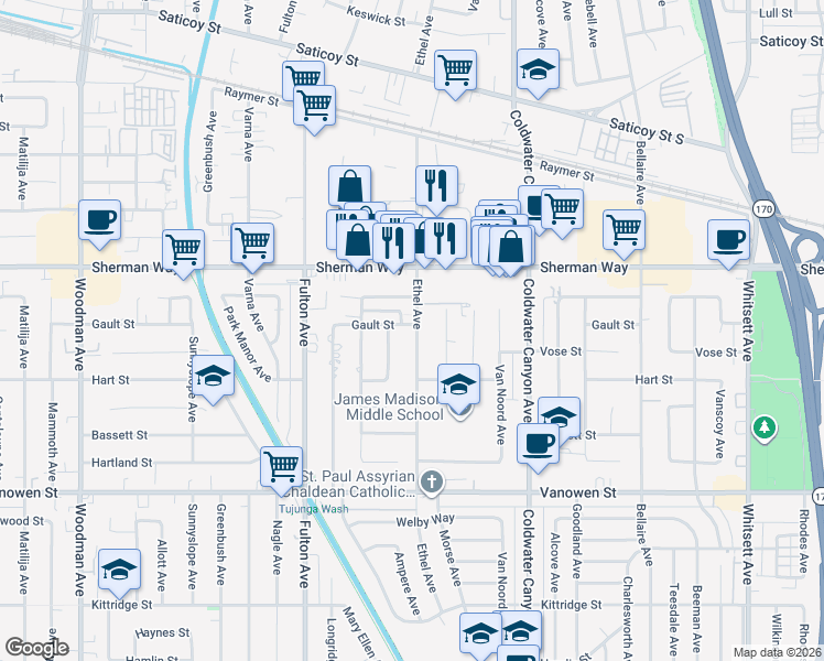 map of restaurants, bars, coffee shops, grocery stores, and more near 7059 Ethel Avenue in Los Angeles