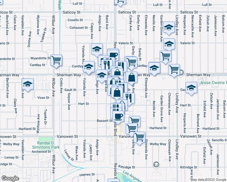 map of restaurants, bars, coffee shops, grocery stores, and more near 7030 Reseda Boulevard in Los Angeles