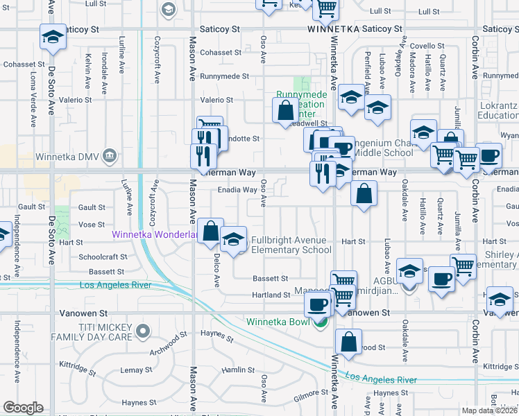 map of restaurants, bars, coffee shops, grocery stores, and more near 7101 Oso Avenue in Los Angeles