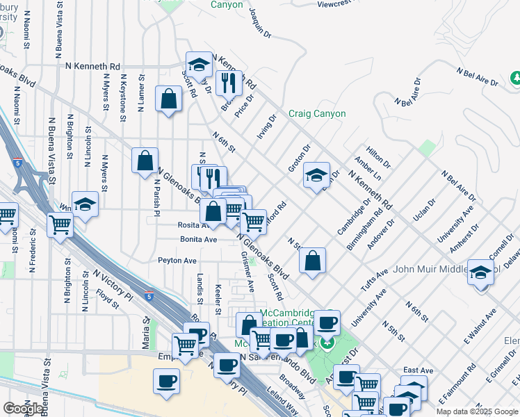 map of restaurants, bars, coffee shops, grocery stores, and more near 504 Groton Drive in Burbank