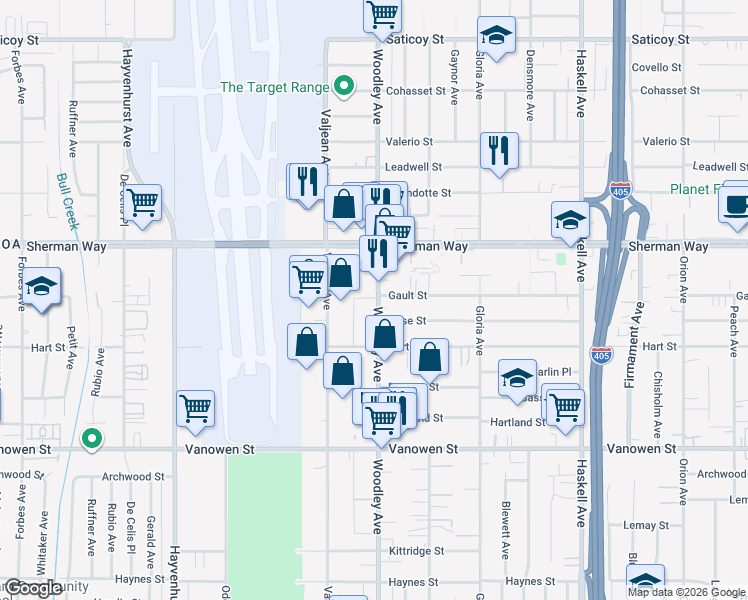 map of restaurants, bars, coffee shops, grocery stores, and more near 7036 Woodley Avenue in Los Angeles