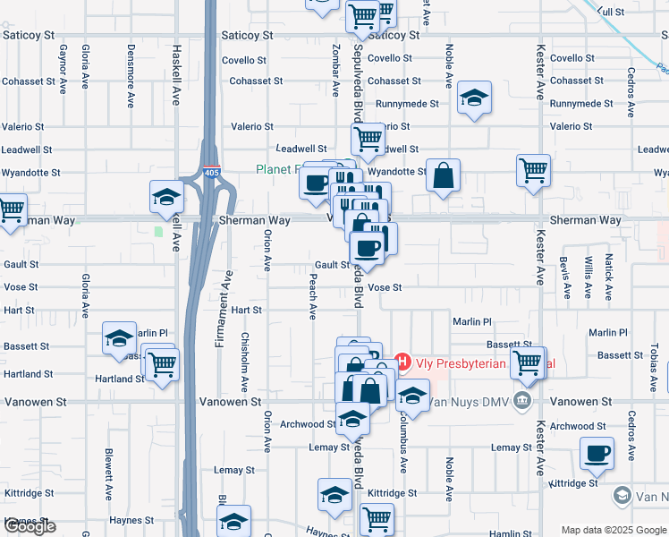 map of restaurants, bars, coffee shops, grocery stores, and more near 15314 Gault Street in Los Angeles
