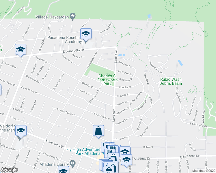 map of restaurants, bars, coffee shops, grocery stores, and more near 608 Concha Street in Altadena
