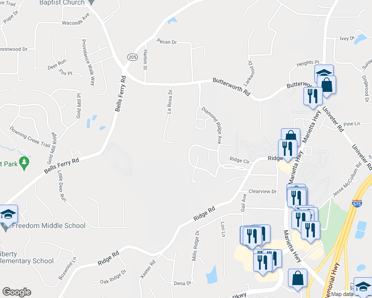 map of restaurants, bars, coffee shops, grocery stores, and more near 253 Diamond Valley Pass in Canton