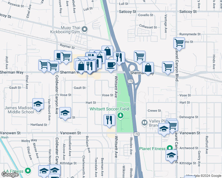 map of restaurants, bars, coffee shops, grocery stores, and more near 7054 Vanscoy Avenue in Los Angeles