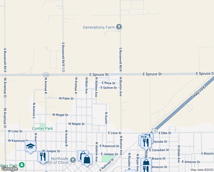 map of restaurants, bars, coffee shops, grocery stores, and more near East Quince Street in Portales