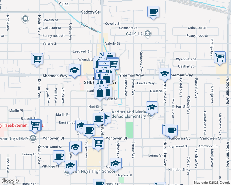 map of restaurants, bars, coffee shops, grocery stores, and more near 14431 Vose Street in Los Angeles