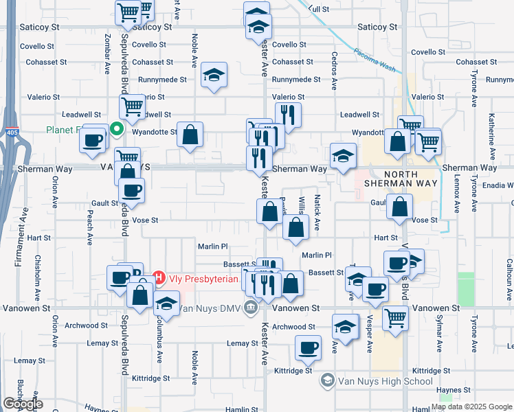 map of restaurants, bars, coffee shops, grocery stores, and more near 14911 Vose Street in Los Angeles