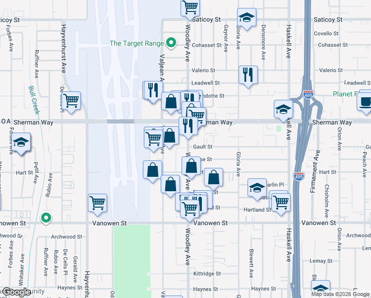map of restaurants, bars, coffee shops, grocery stores, and more near 7036 Woodley Avenue in Los Angeles