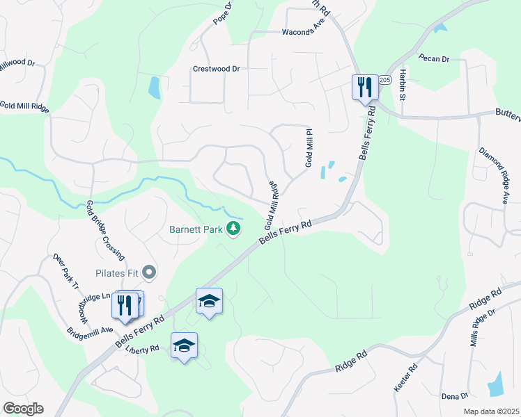 map of restaurants, bars, coffee shops, grocery stores, and more near 307 Downing Creek Trail in Canton