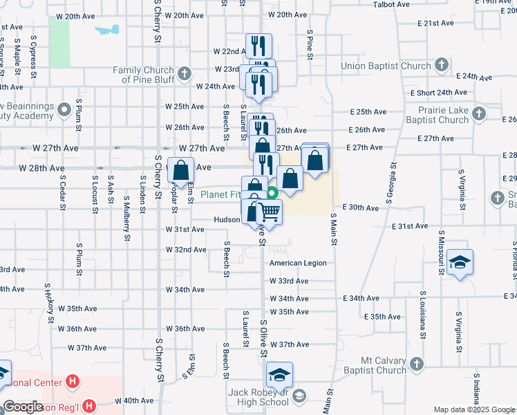 map of restaurants, bars, coffee shops, grocery stores, and more near 3101 South Olive Street in Pine Bluff