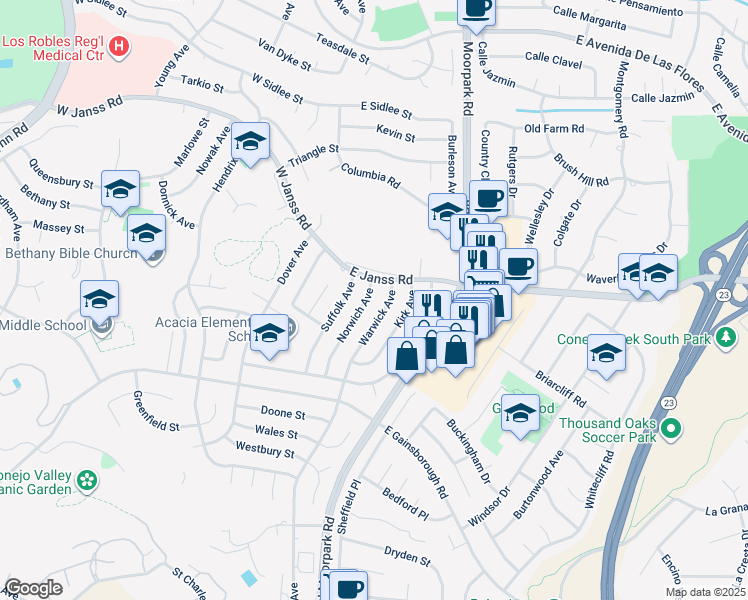 map of restaurants, bars, coffee shops, grocery stores, and more near 1558 Norwich Avenue in Thousand Oaks