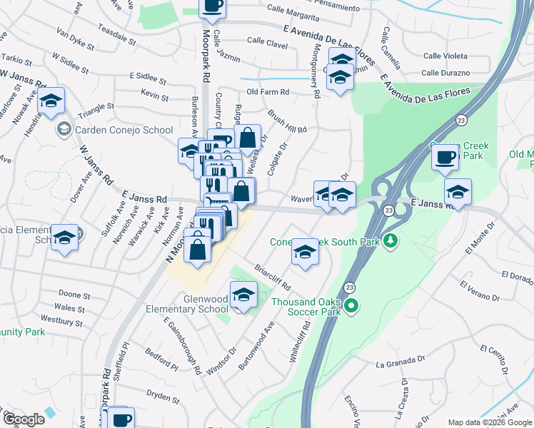 map of restaurants, bars, coffee shops, grocery stores, and more near 1492 Montgomery Road in Thousand Oaks