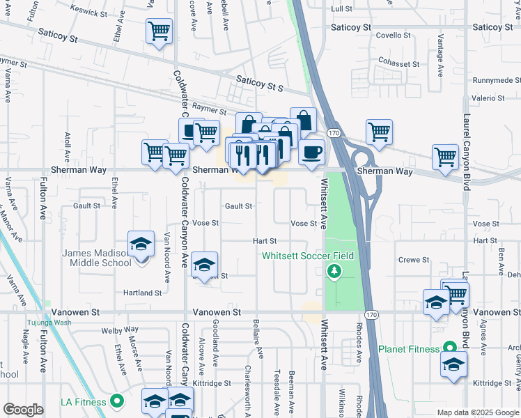 map of restaurants, bars, coffee shops, grocery stores, and more near 7060 Bellaire Avenue in Los Angeles