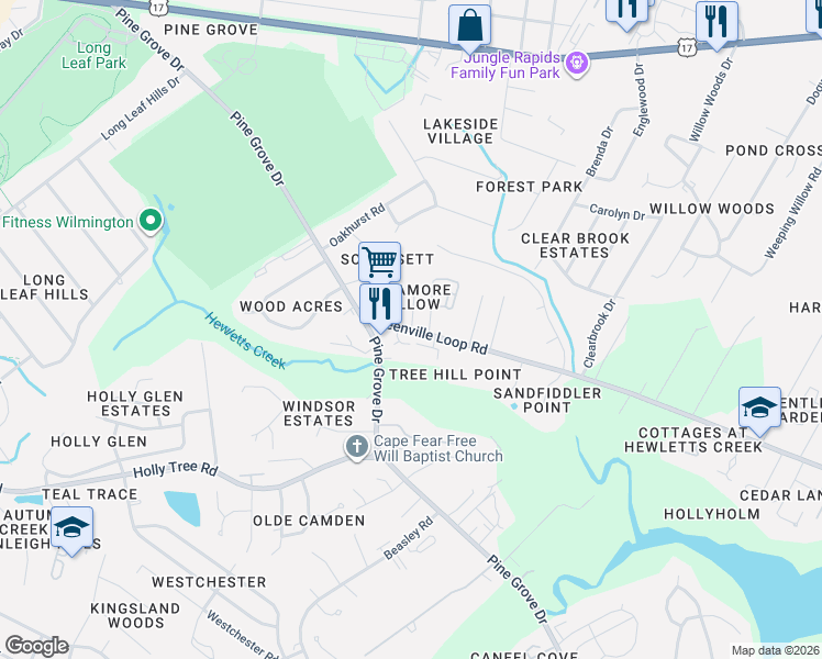 map of restaurants, bars, coffee shops, grocery stores, and more near 5898 Sycamore Hollow Drive in Wilmington