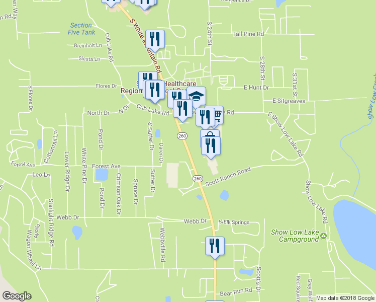 map of restaurants, bars, coffee shops, grocery stores, and more near 10472 South White Mountain Road in Show Low