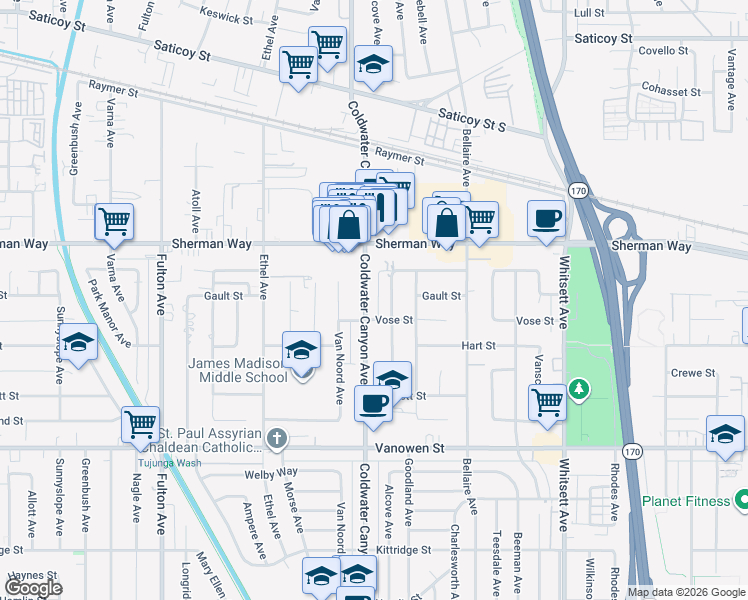 map of restaurants, bars, coffee shops, grocery stores, and more near 7062 Coldwater Canyon Avenue in North Hollywood