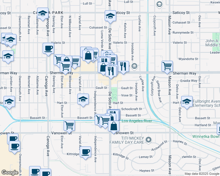 map of restaurants, bars, coffee shops, grocery stores, and more near De Soto Avenue & Gault Street in Los Angeles