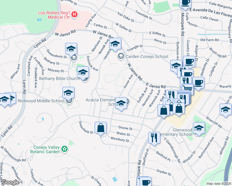 map of restaurants, bars, coffee shops, grocery stores, and more near 110 June Court in Thousand Oaks
