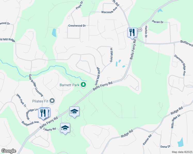 map of restaurants, bars, coffee shops, grocery stores, and more near 301 Downing Creek Trail in Canton