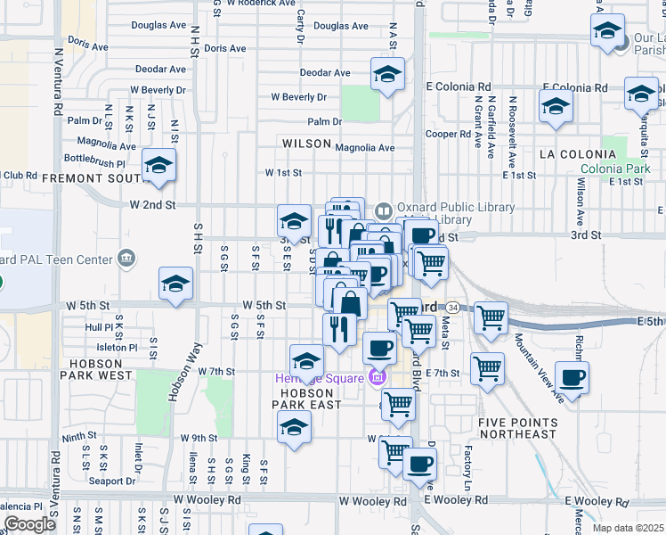 map of restaurants, bars, coffee shops, grocery stores, and more near 403 West 4th Street in Oxnard