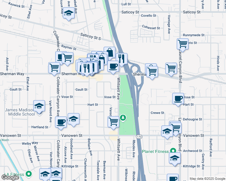 map of restaurants, bars, coffee shops, grocery stores, and more near 7054 Vanscoy Avenue in Los Angeles