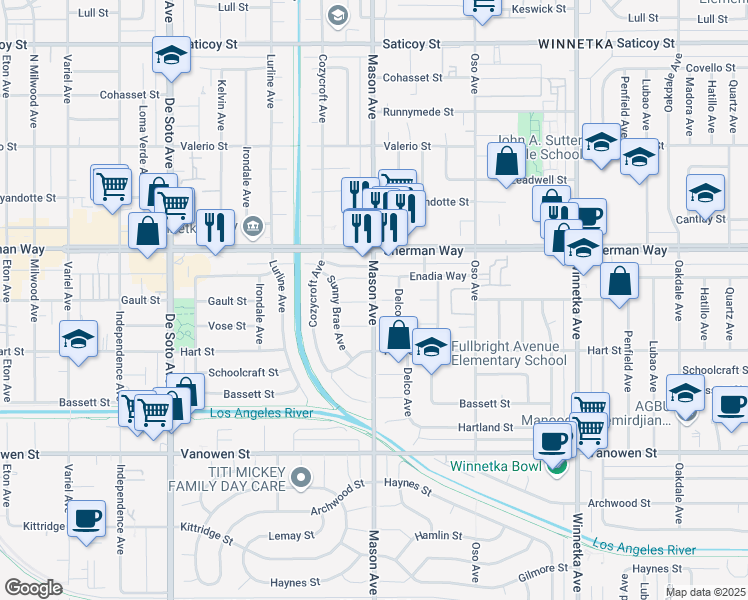 map of restaurants, bars, coffee shops, grocery stores, and more near Gault Street in Los Angeles