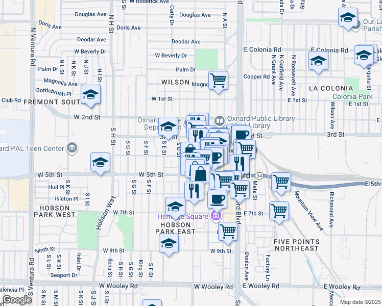 map of restaurants, bars, coffee shops, grocery stores, and more near 405 West 4th Street in Oxnard