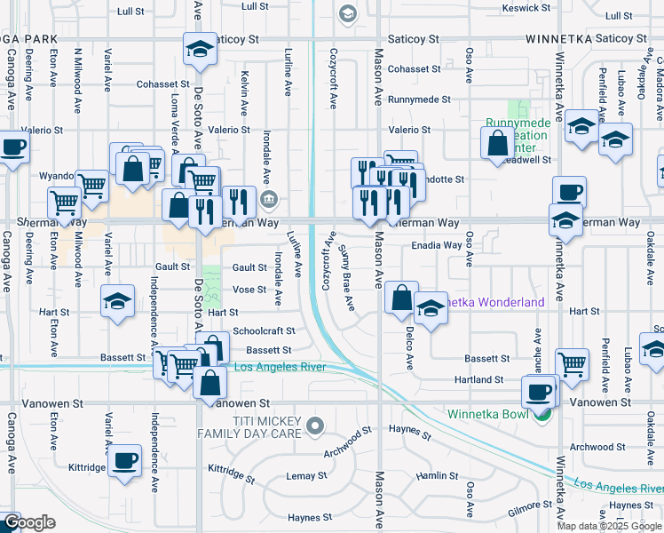 map of restaurants, bars, coffee shops, grocery stores, and more near 7074 Cozycroft Avenue in Los Angeles