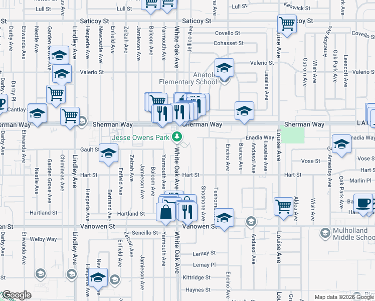 map of restaurants, bars, coffee shops, grocery stores, and more near 7063 Jellico Avenue in Los Angeles
