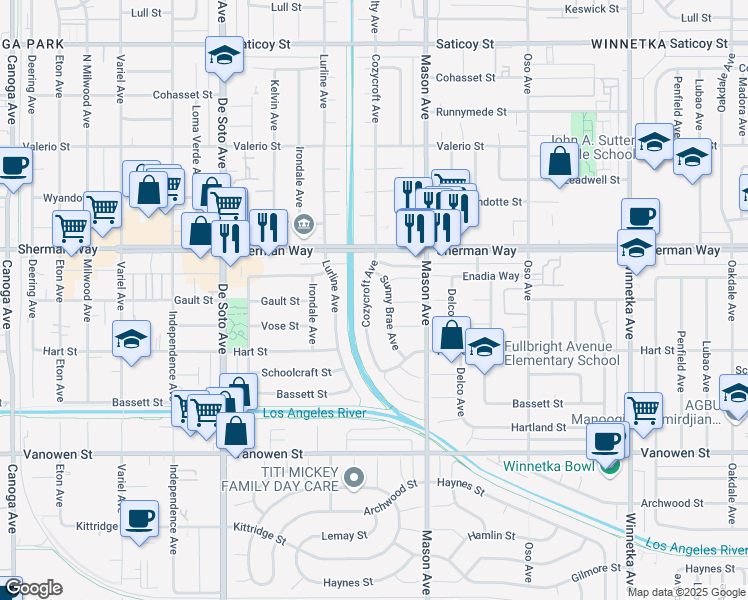 map of restaurants, bars, coffee shops, grocery stores, and more near 7074 Cozycroft Avenue in Los Angeles