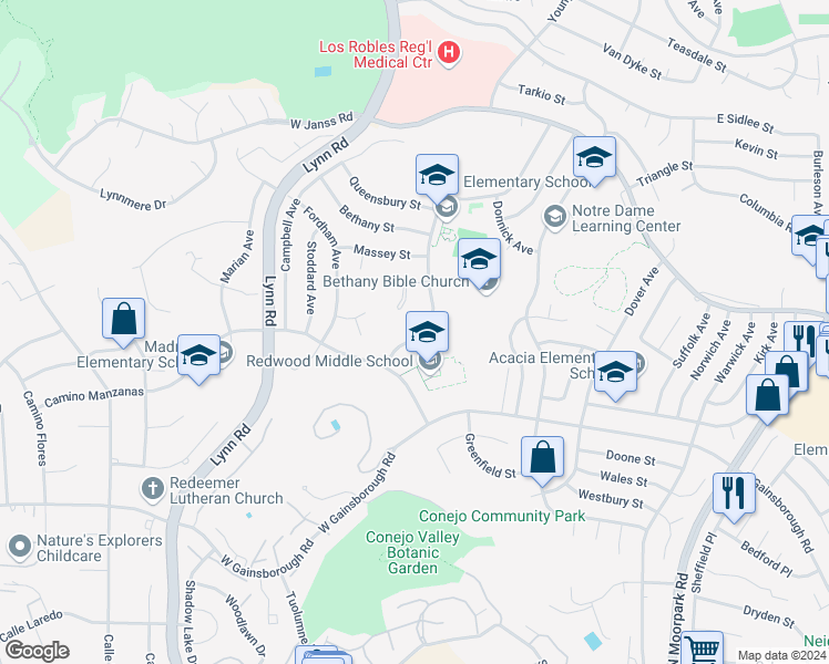 map of restaurants, bars, coffee shops, grocery stores, and more near 1479 Oberlin Avenue in Thousand Oaks