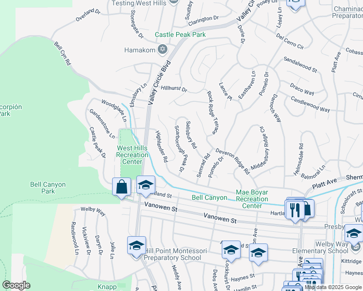 map of restaurants, bars, coffee shops, grocery stores, and more near 7101 Scarborough Peak Drive in Los Angeles