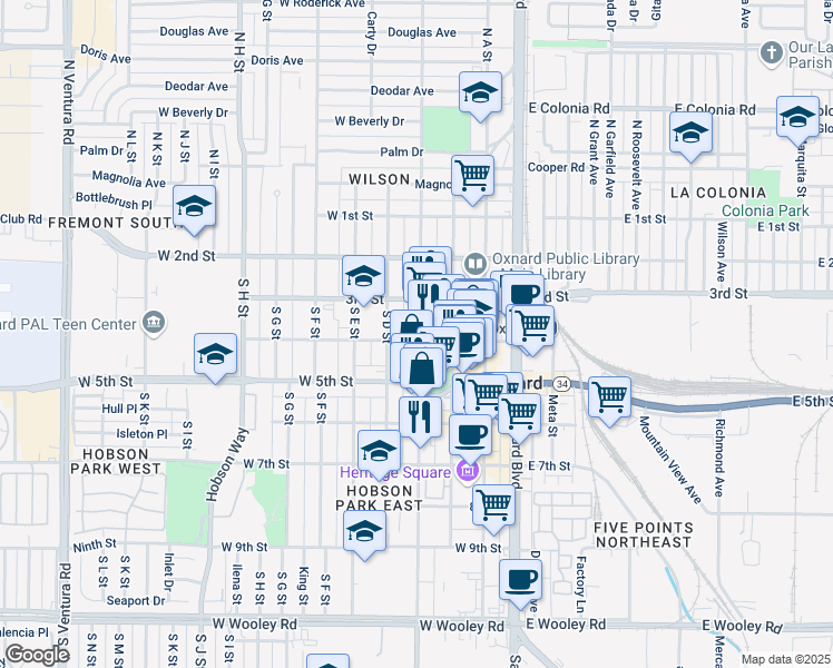 map of restaurants, bars, coffee shops, grocery stores, and more near 361 South C Street in Oxnard