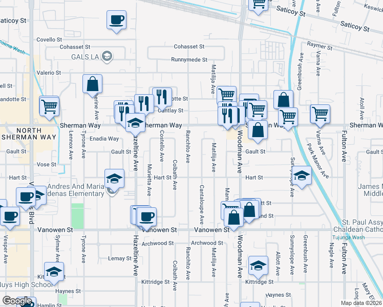 map of restaurants, bars, coffee shops, grocery stores, and more near 7060 Ranchito Avenue in Van Nuys