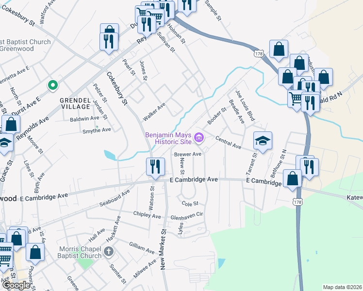 map of restaurants, bars, coffee shops, grocery stores, and more near 731 White Oak Lane in Greenwood
