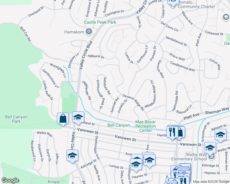 map of restaurants, bars, coffee shops, grocery stores, and more near 7119 Deveron Ridge Road in Los Angeles
