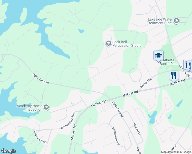 map of restaurants, bars, coffee shops, grocery stores, and more near 6205 Little Cove Drive in Flowery Branch