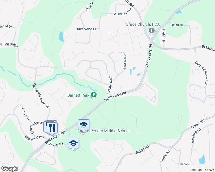 map of restaurants, bars, coffee shops, grocery stores, and more near 303 Downing Creek Trail in Canton