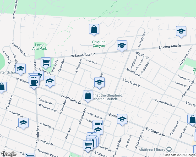map of restaurants, bars, coffee shops, grocery stores, and more near 3199 Glenrose Avenue in Altadena