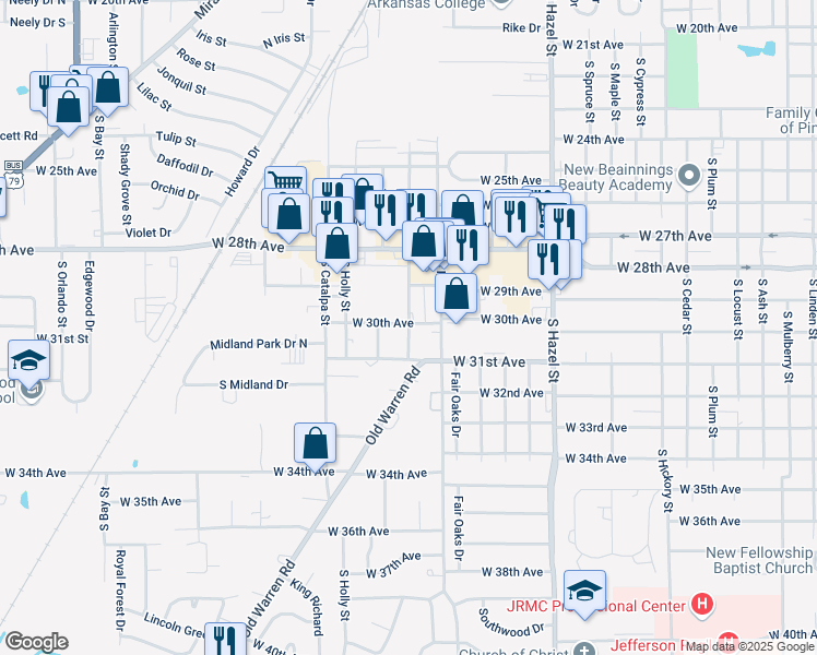 map of restaurants, bars, coffee shops, grocery stores, and more near 3010 South Orange Street in Pine Bluff